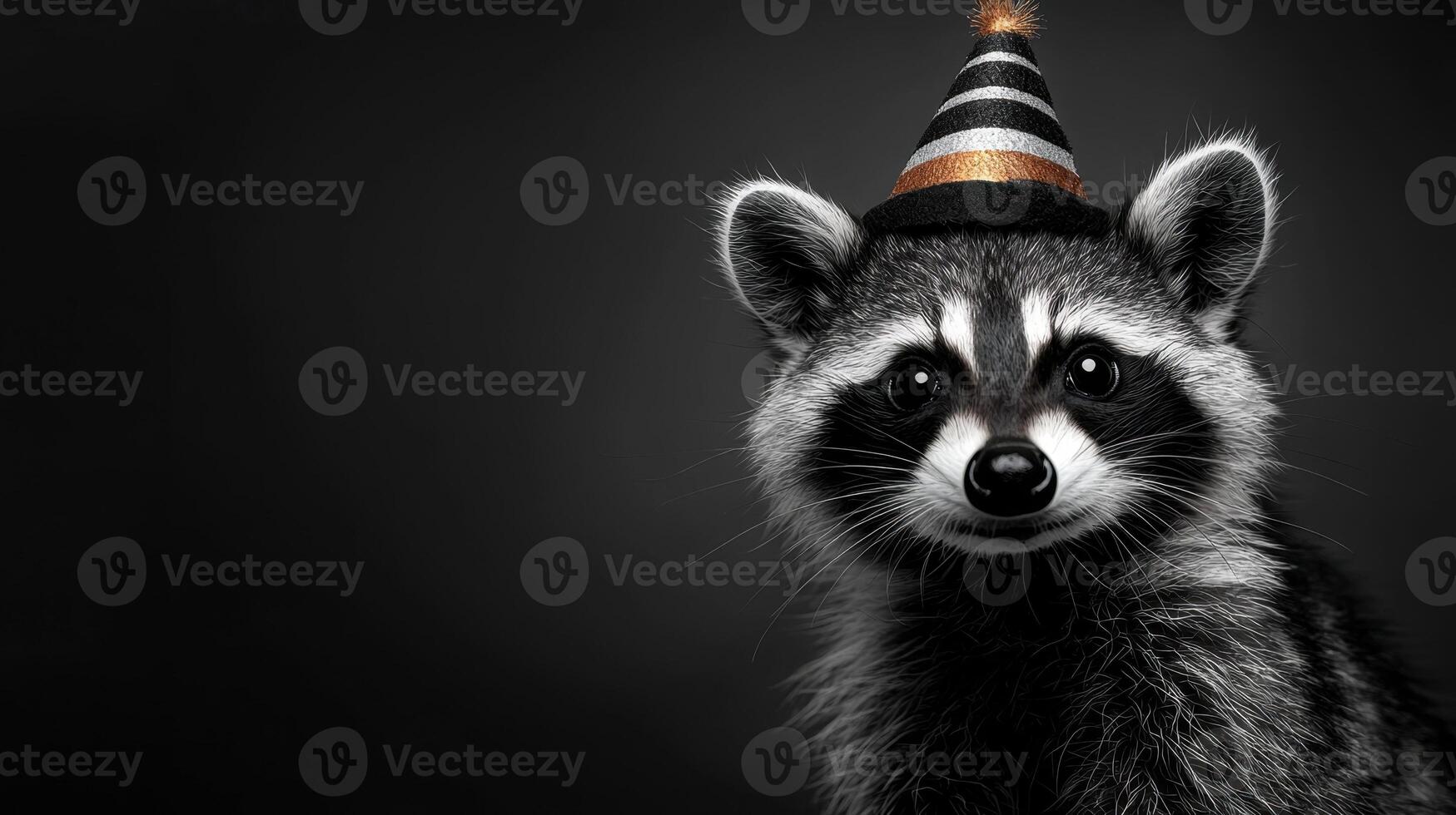A raccoon wearing a party hat is smiling photo