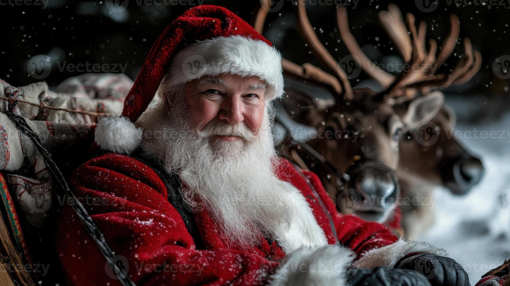 A man dressed as Santa Claus is sitting in a sleigh with reindeer photo