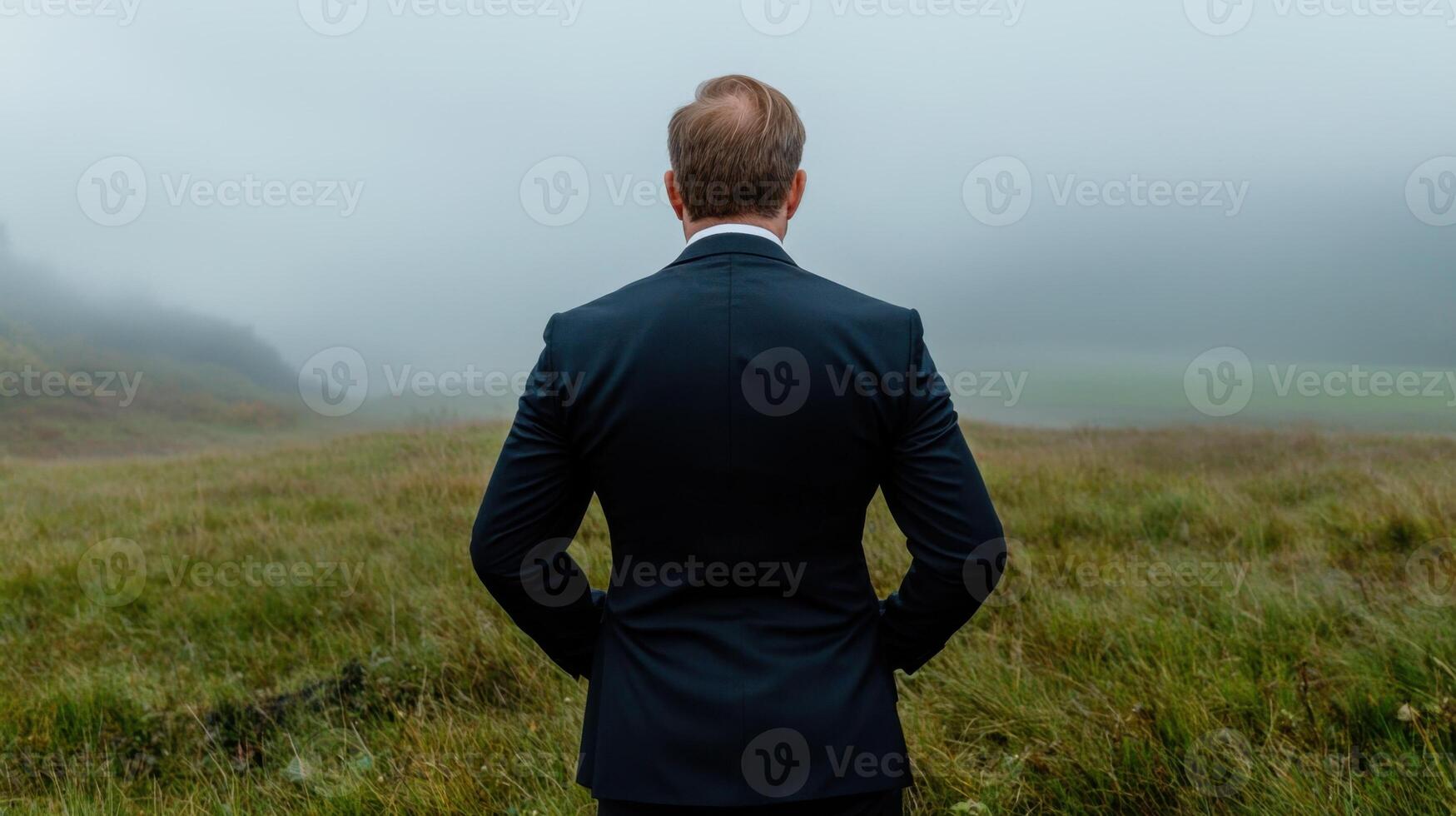 A man in a suit stands in a field of grass photo