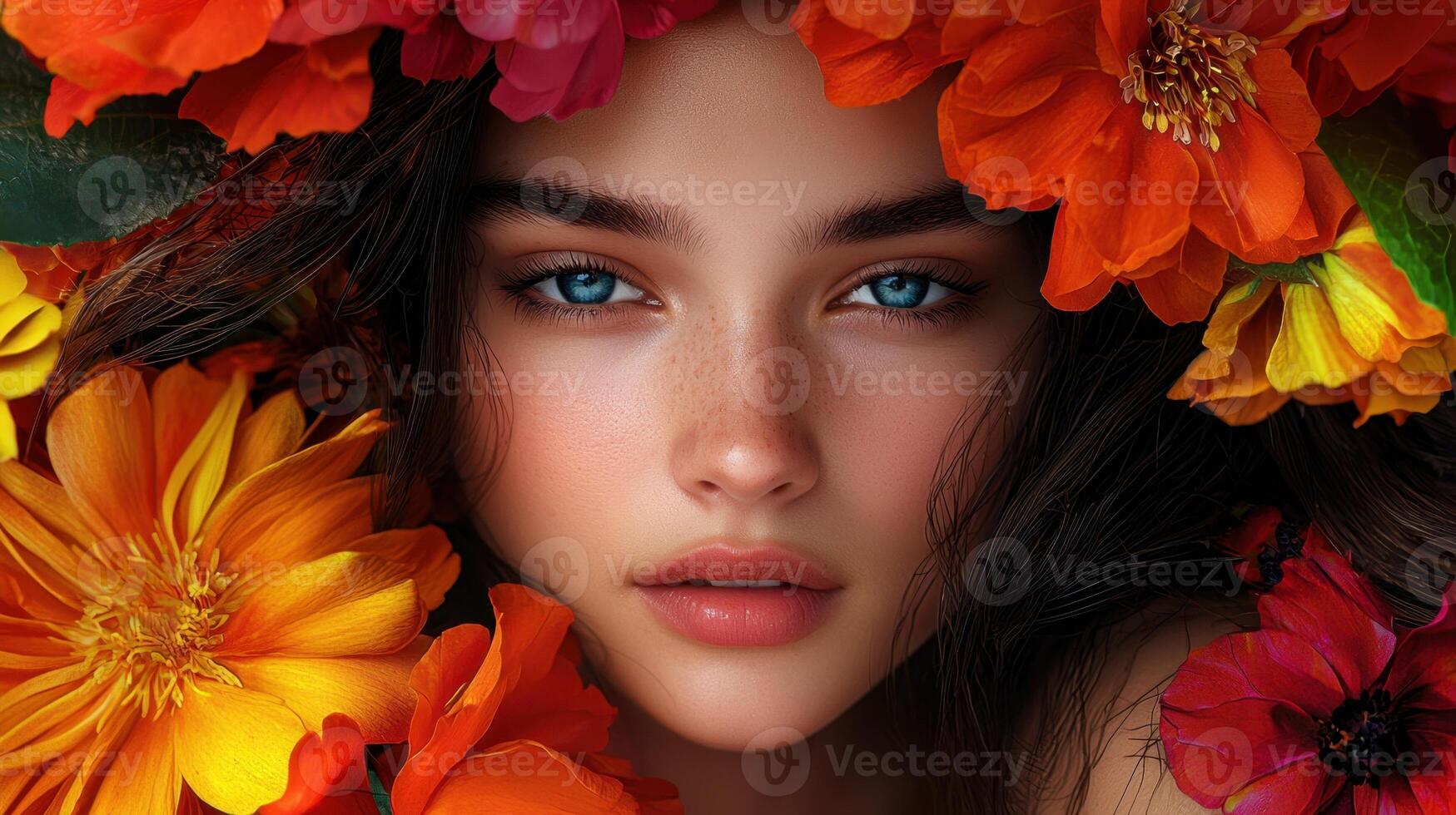 A beautiful woman with flowers around her face photo