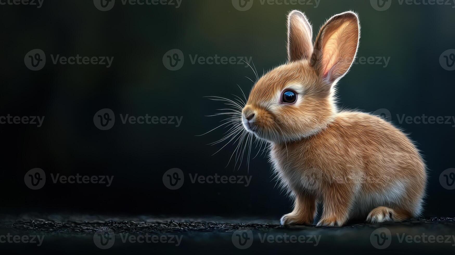 A small brown rabbit is sitting on a dark surface photo