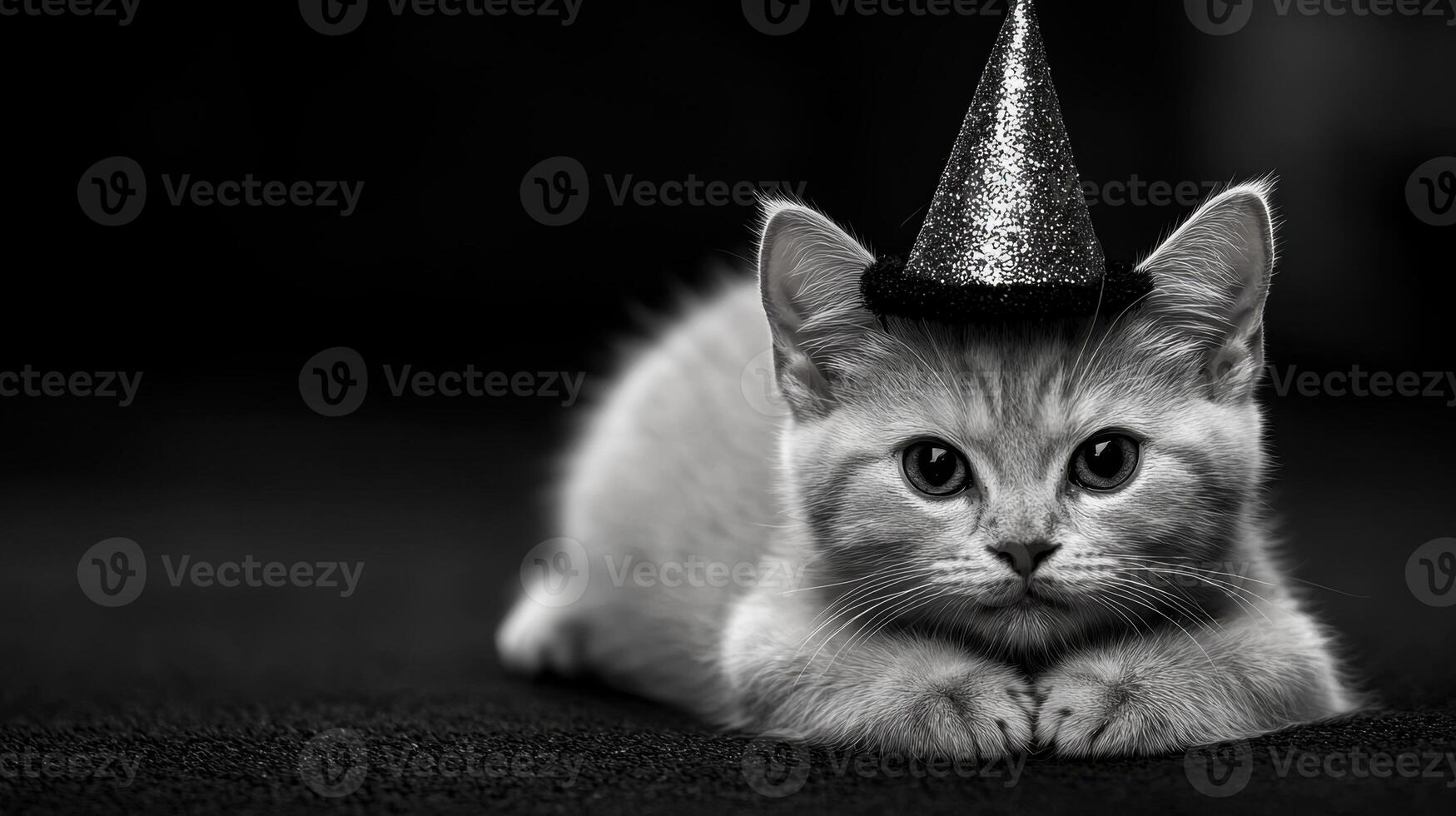 A cat wearing a party hat is laying on a black surface photo