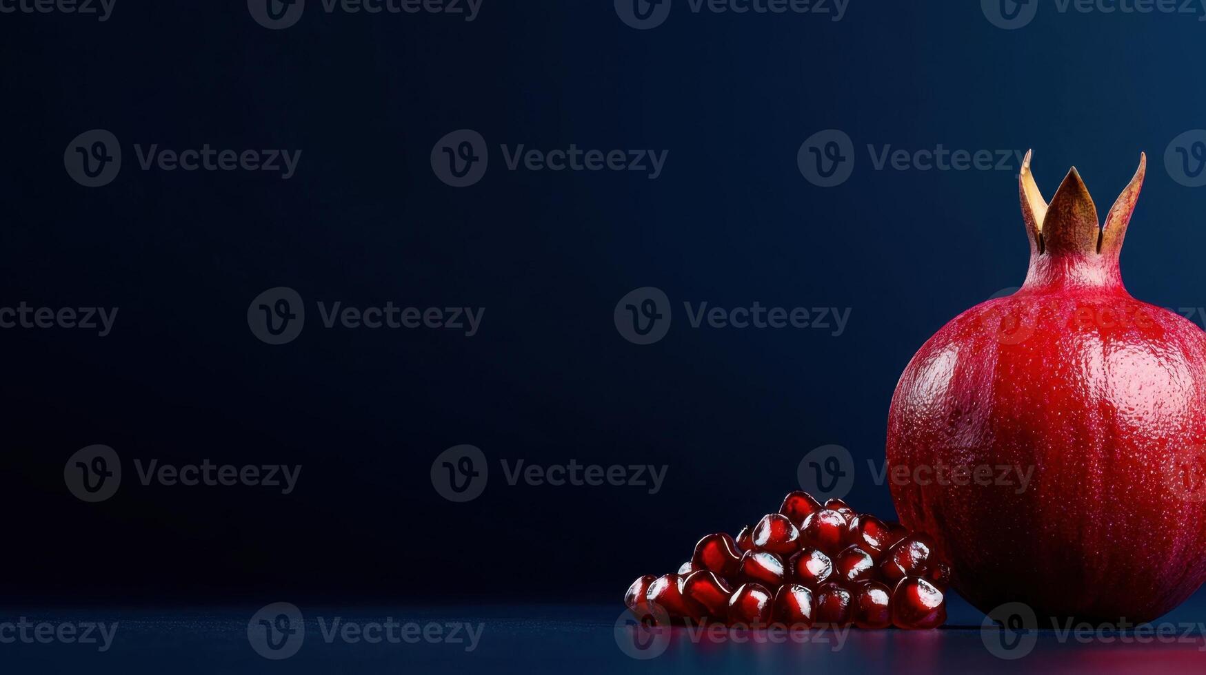 A pomegranate and some pomegranate seeds on a blue background photo