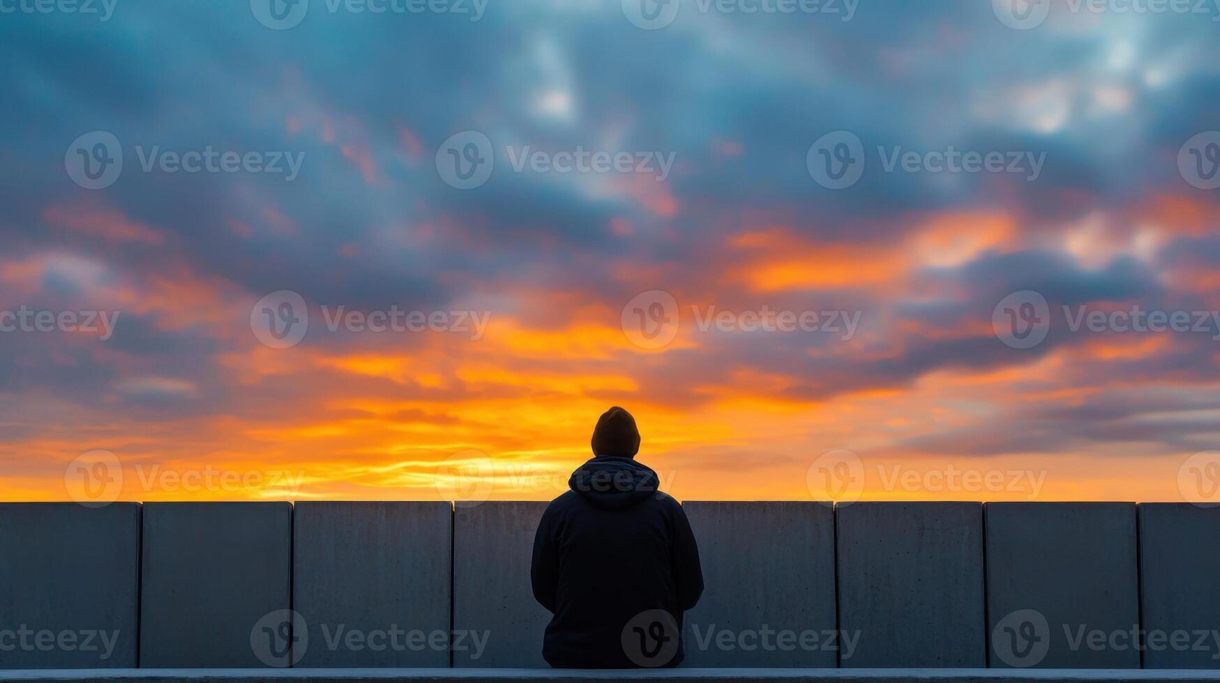 A person sitting on a bench looking at the sunset photo