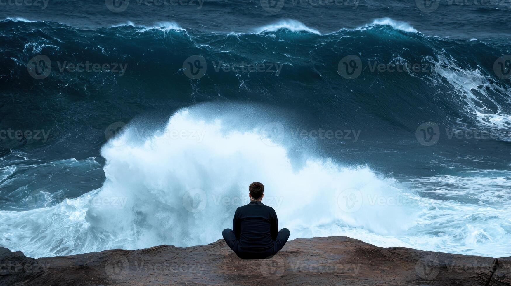 A man sitting on a rock looking at the ocean photo
