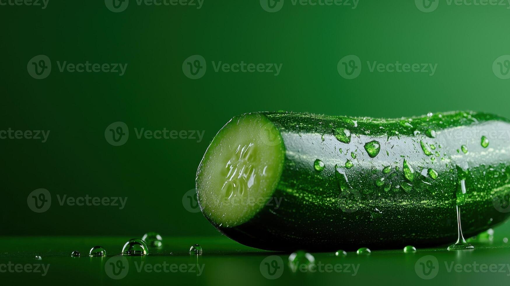 A cucumber is sitting on a green surface with water droplets photo