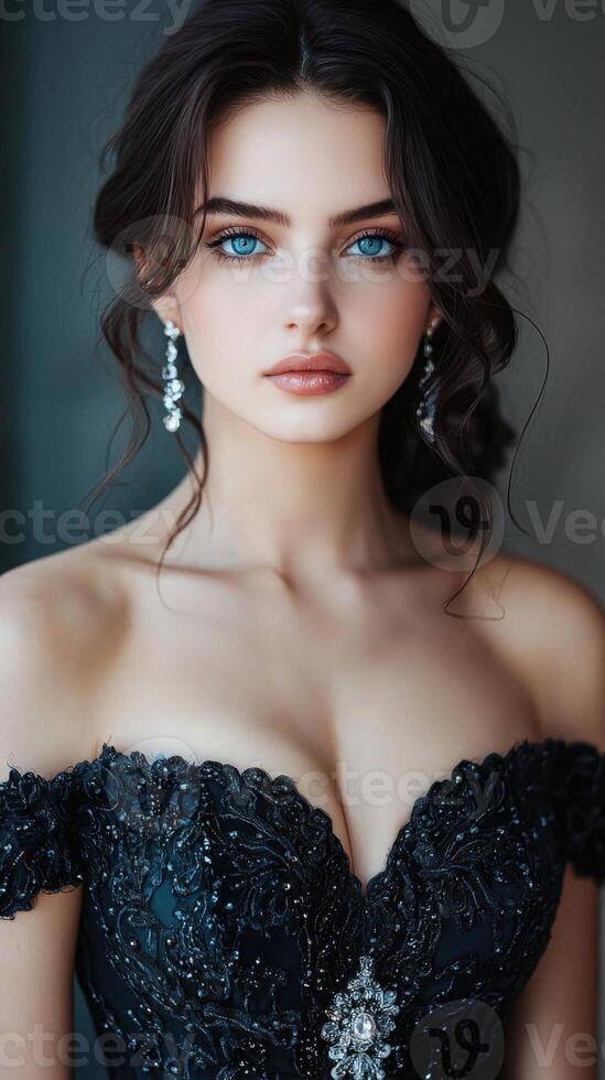 Beautiful woman in black dress with earrings photo