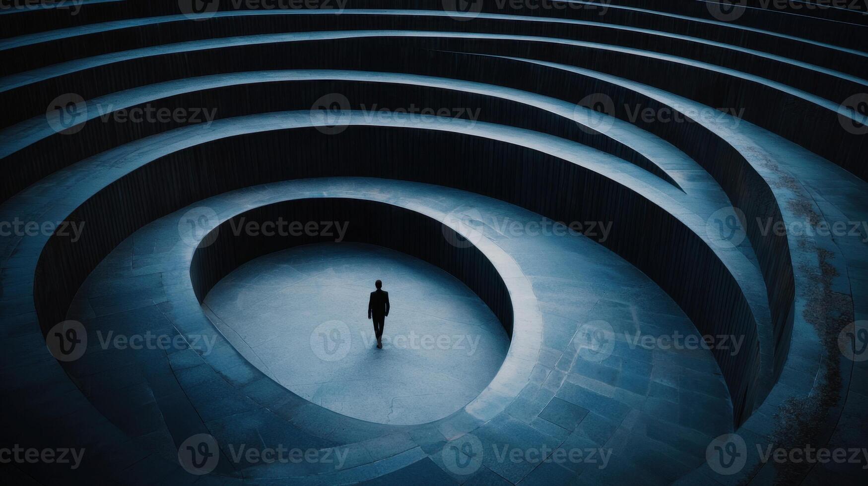 A man standing in a circular room with a spiral staircase photo