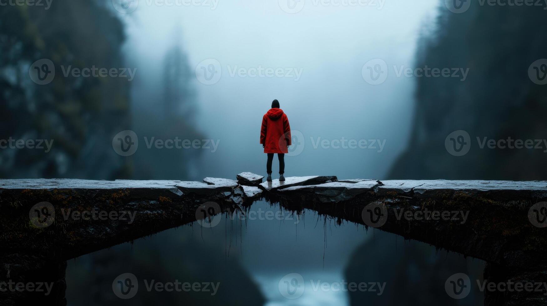 A man in a red coat stands on a bridge over a river photo