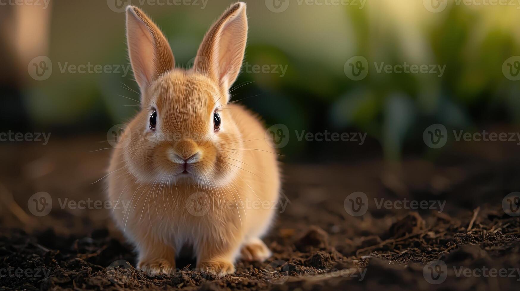 A small rabbit is standing in the dirt photo