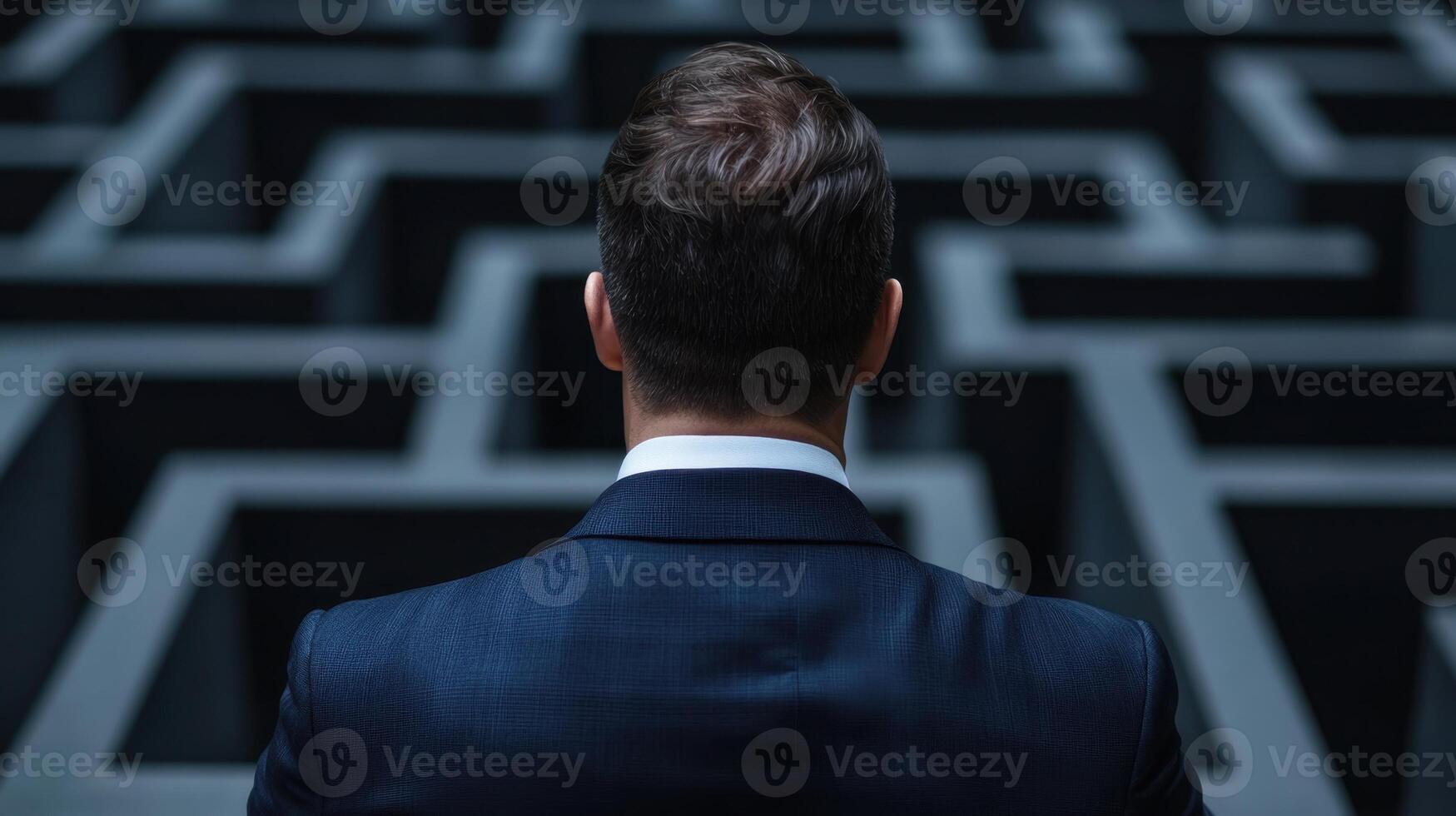 A man in a suit looking at a maze photo