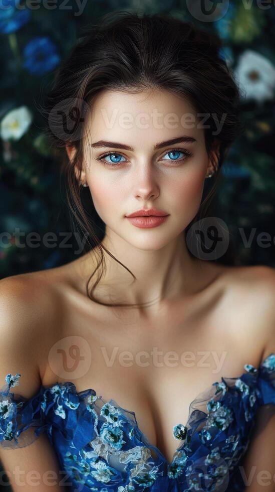 Beautiful woman with blue eyes in blue dress photo