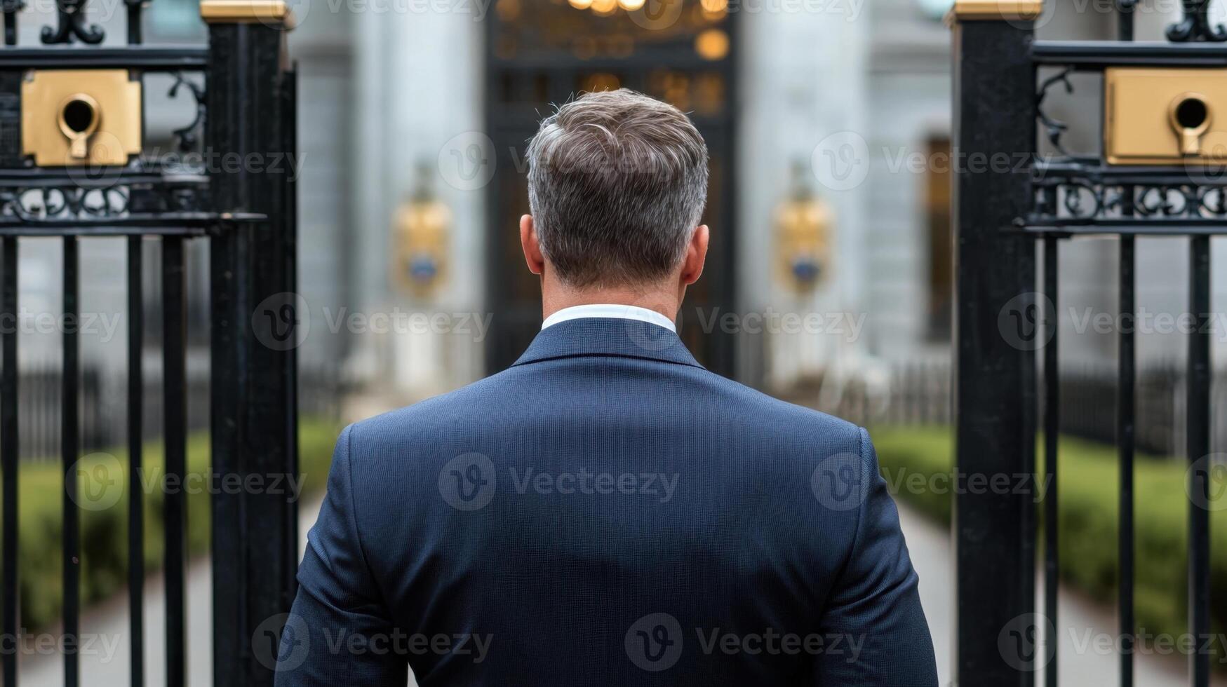 A man in a suit is standing in front of a gate photo