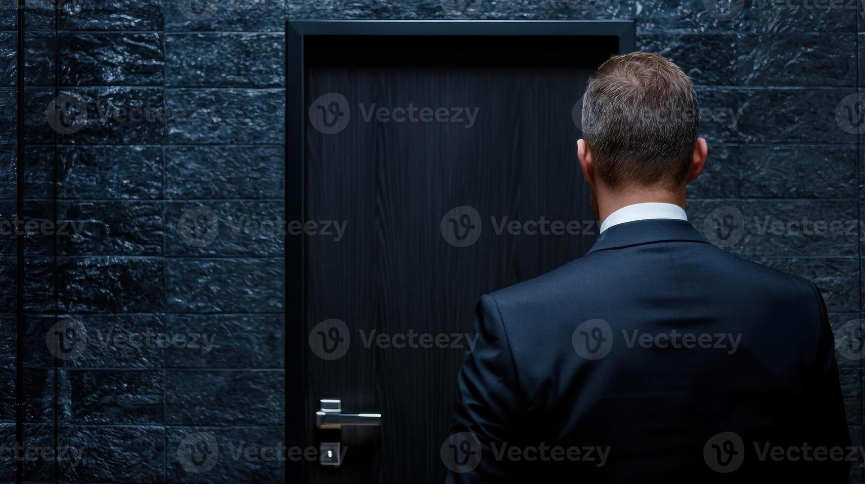 A man in a suit standing in front of a door photo