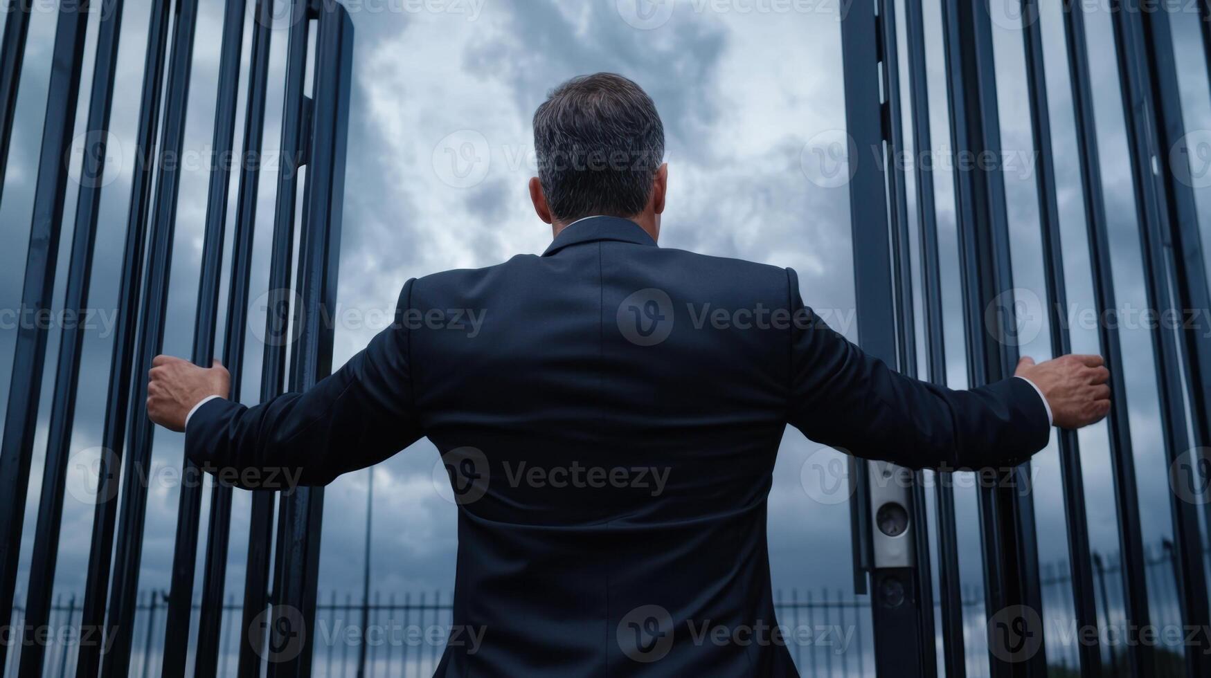 A man in a suit is standing in front of a metal gate photo
