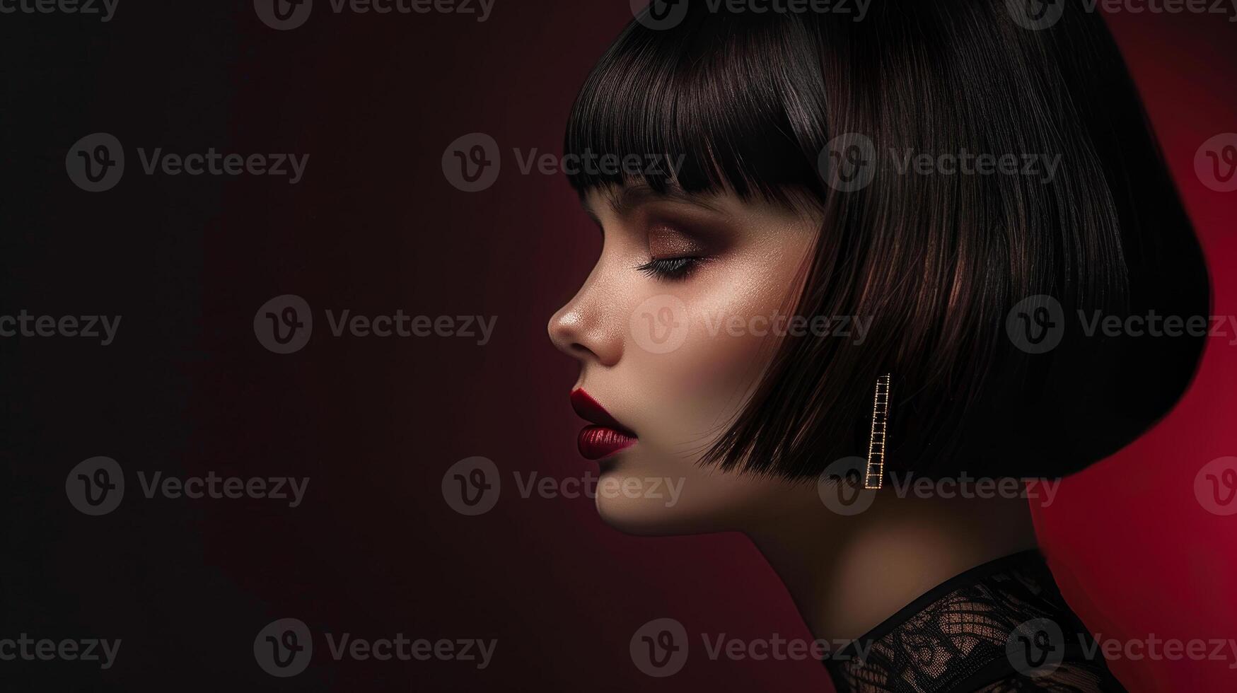 A woman with a black bob haircut and red lips photo