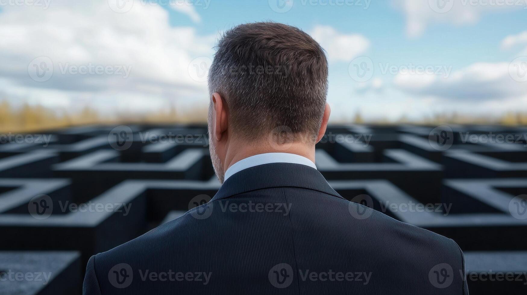 A man in a suit and tie looking at a maze photo