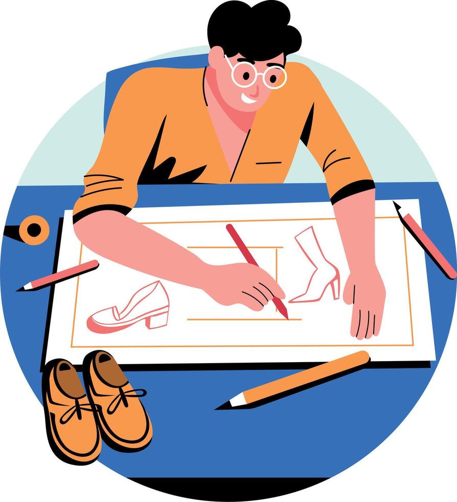 A flat illustration of a character doing shoe sketching vector