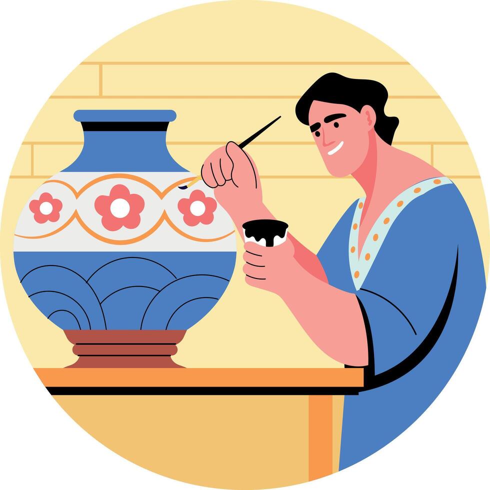 A flat illustration of a character painting ceramic with different colours vector