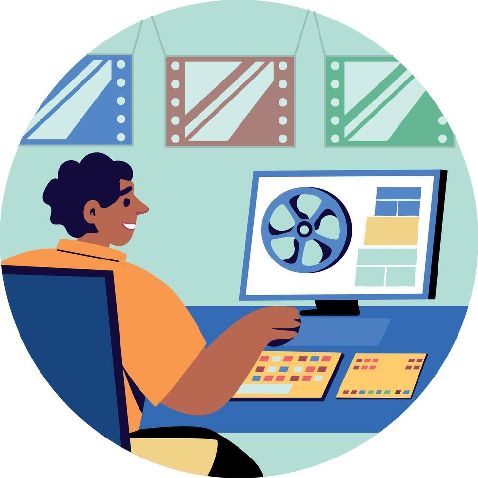 A character doing movie editing, flat style illustration vector