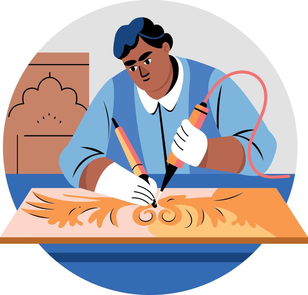 A flat illustration of a character making carving design vector