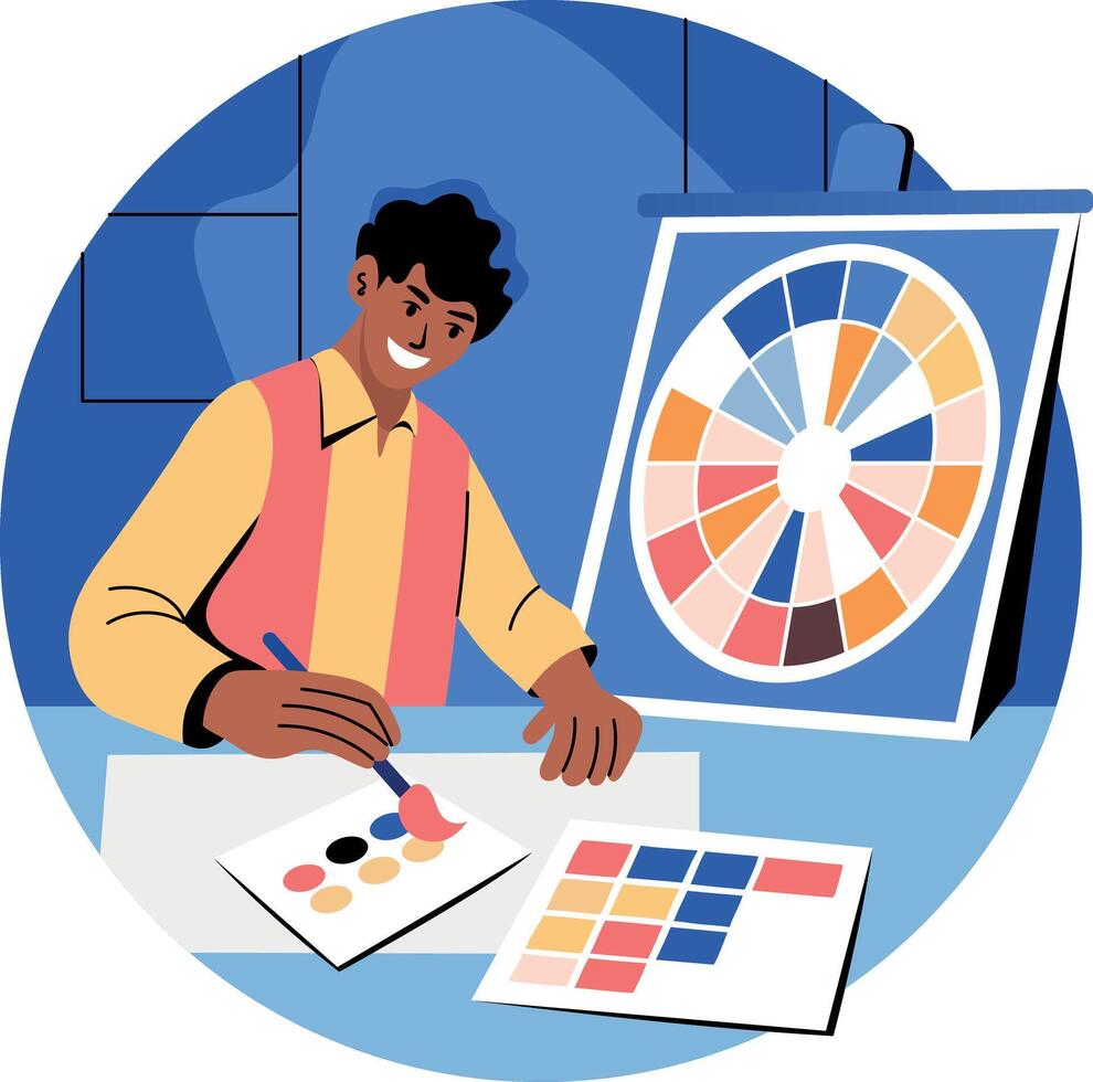 A flat illustration of a character making an art with colour combination technique vector