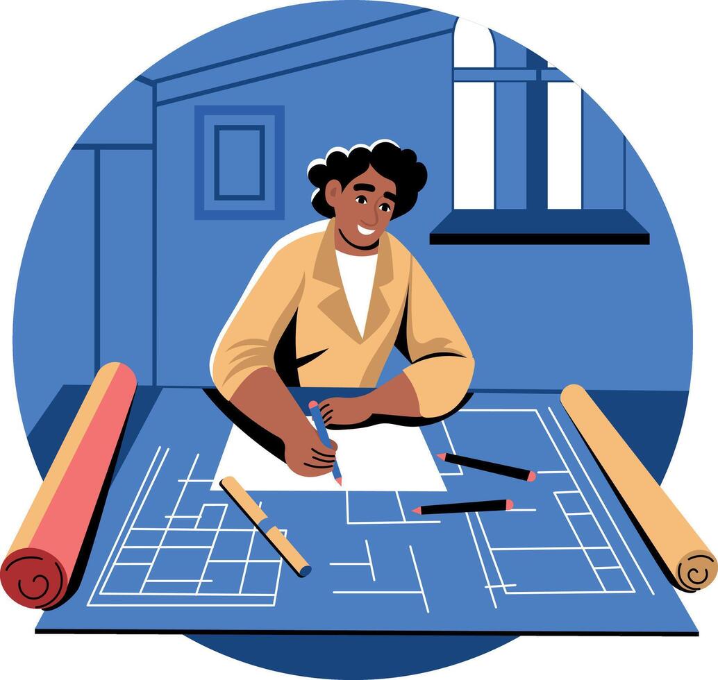 A flat illustration of a character doing drafting vector