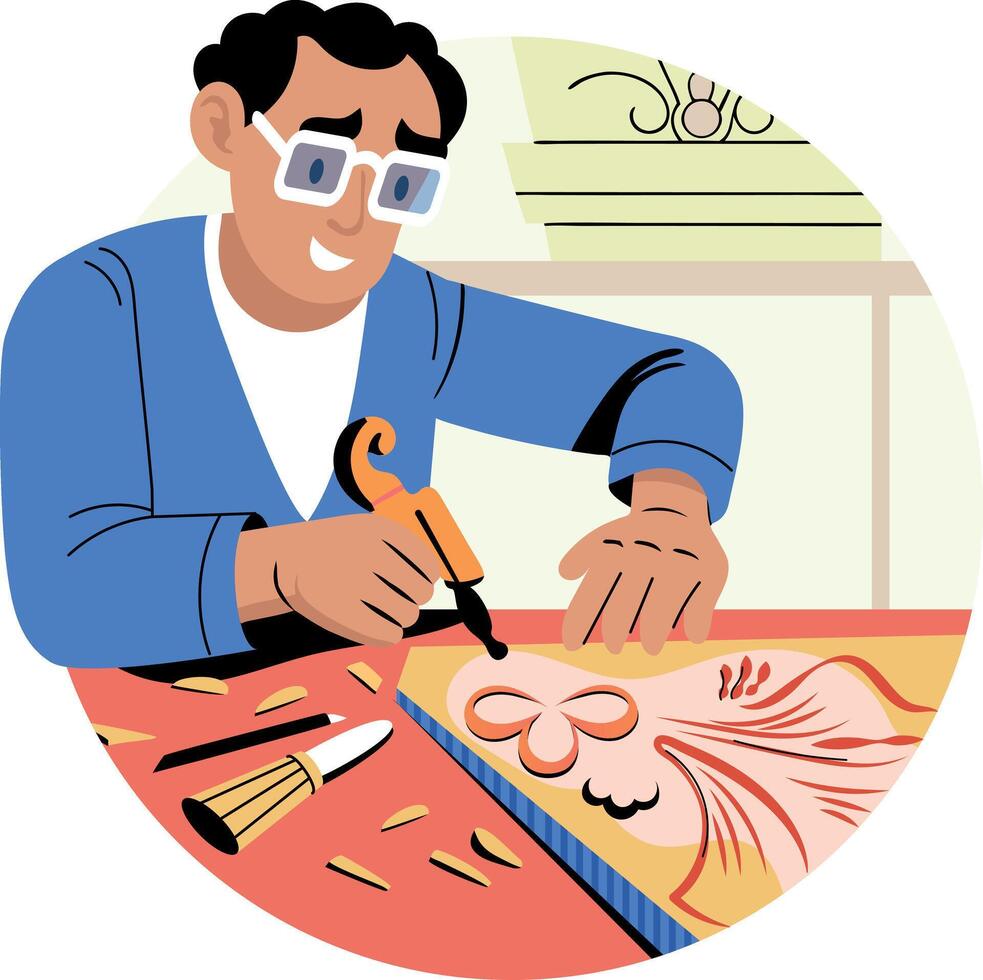 A flat illustration of a character making design with wood carving technique vector