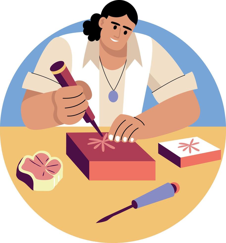 A flat illustration of a character doing stamp carving vector
