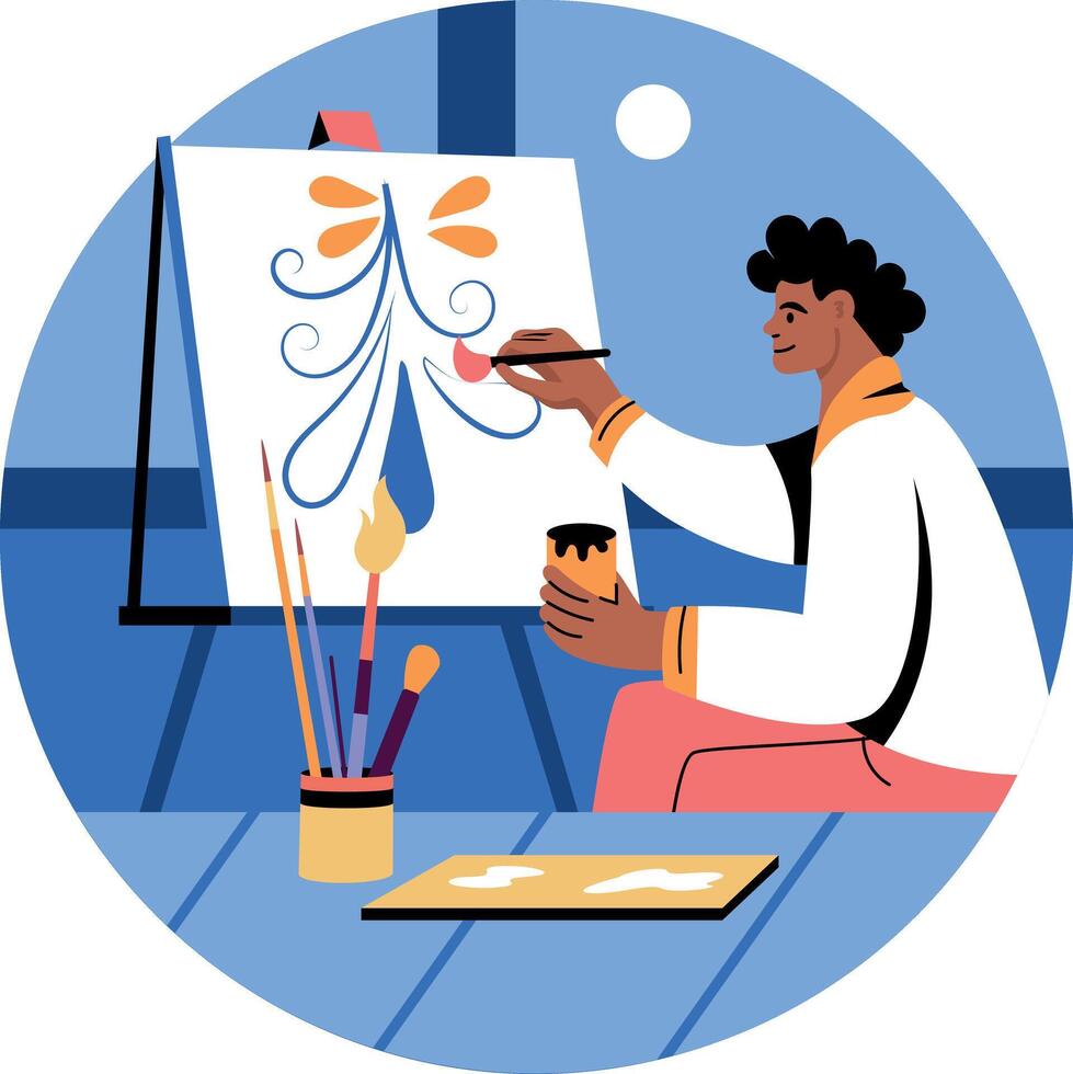 A flat illustration of a character making easel painting vector