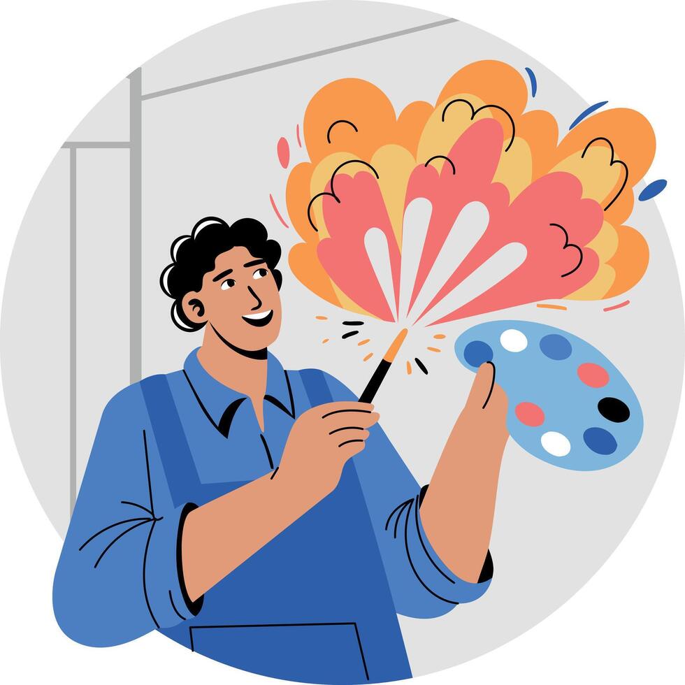 A flat illustration of a painter holding a palette and paintbrush vector