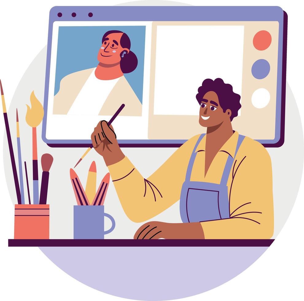 A flat illustration of a character making digital art vector