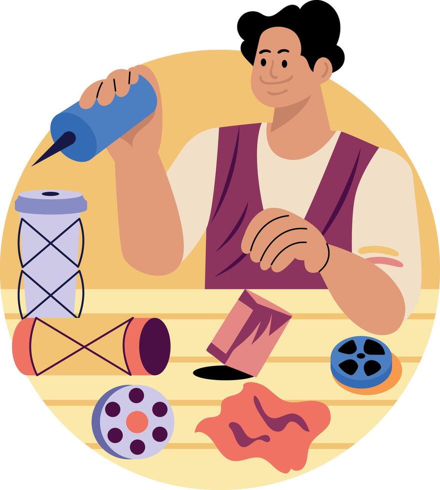 A flat illustration of a character making recycling art vector