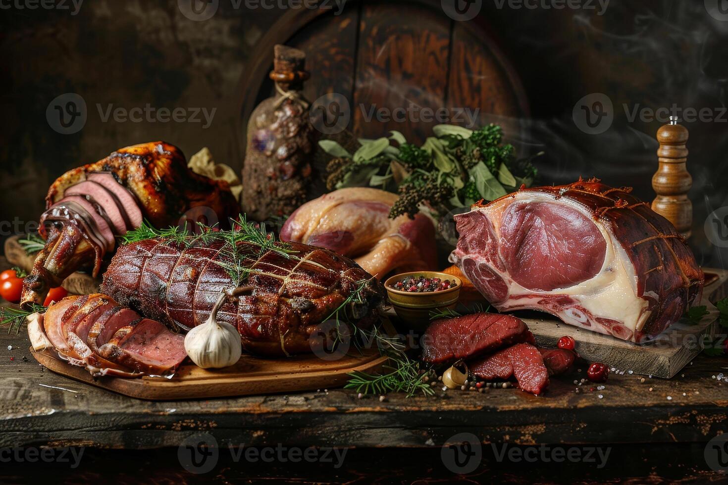 A table with a variety of meats and vegetables, including a large piece of meat photo