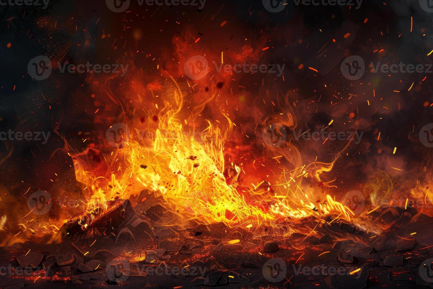 A fiery scene with a mountain in the background photo