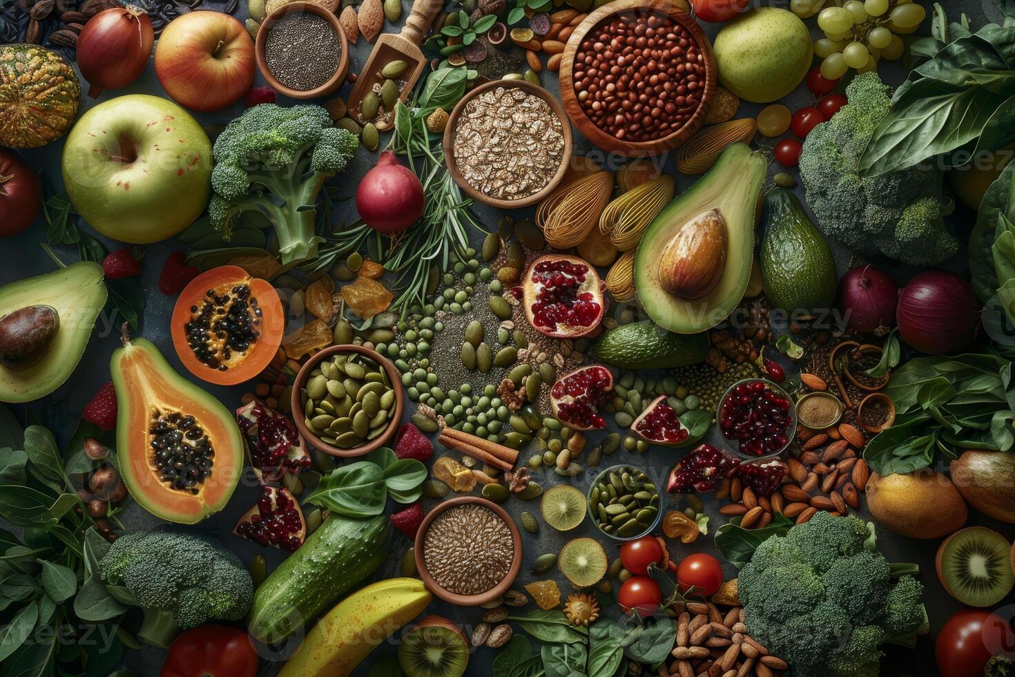 A colorful assortment of fruits and vegetables are displayed on a table photo