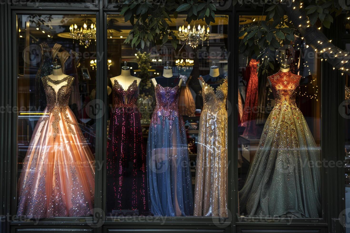 A window display of dresses in a store photo