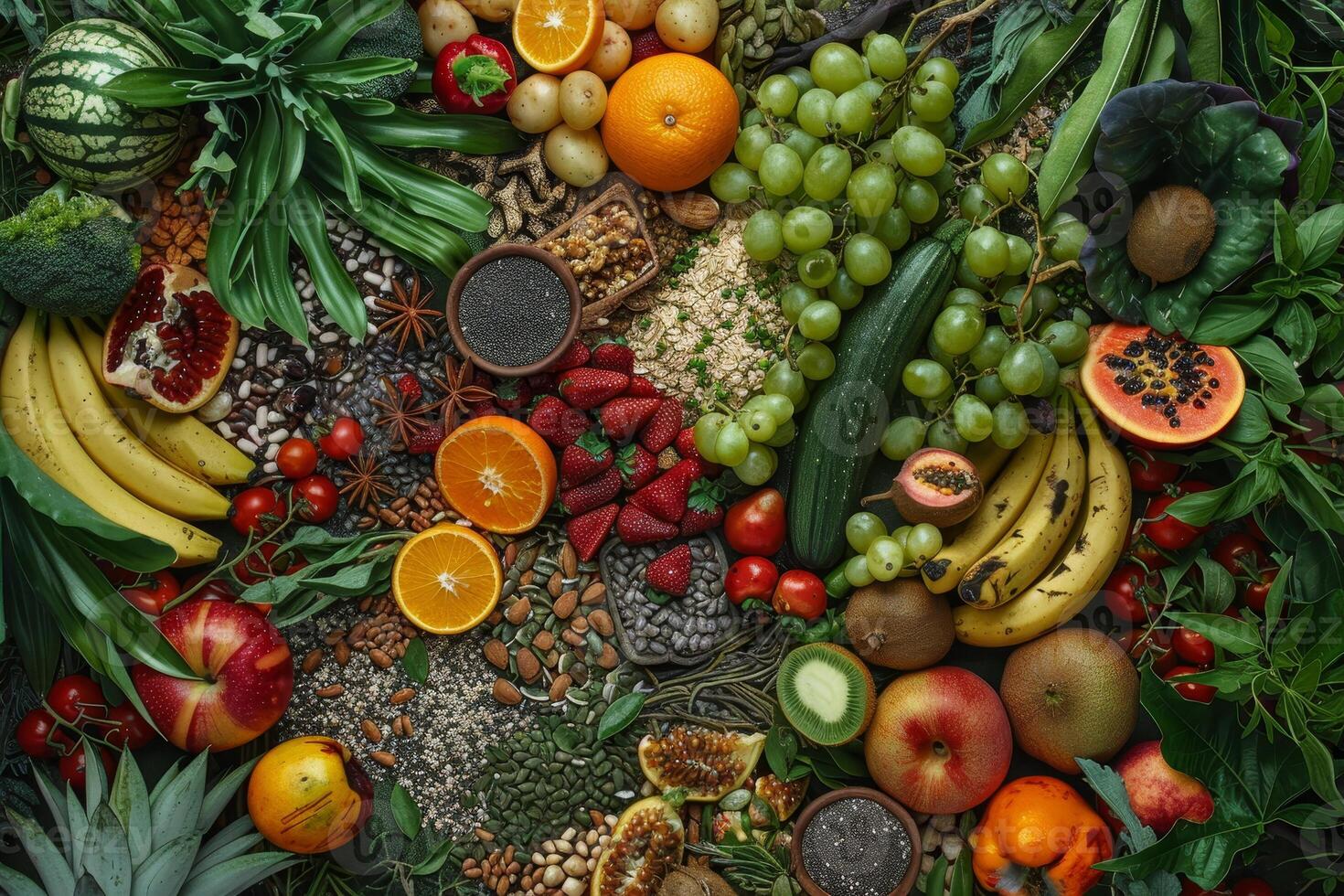 A colorful assortment of fruits and vegetables, including bananas, apples photo
