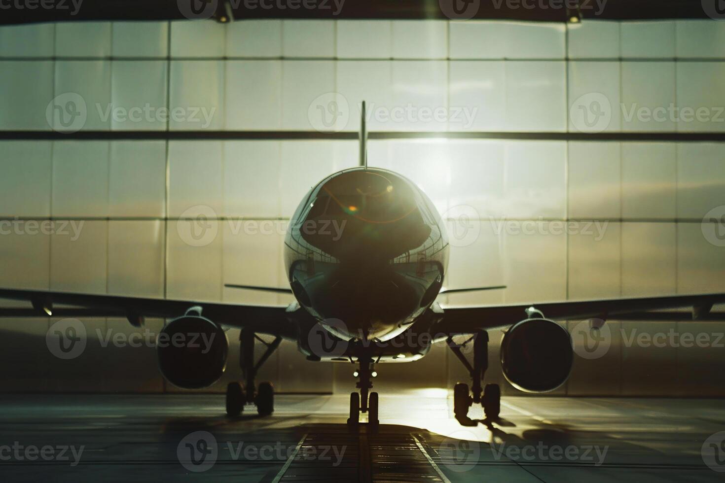 An airplane sitting in front of a large window photo