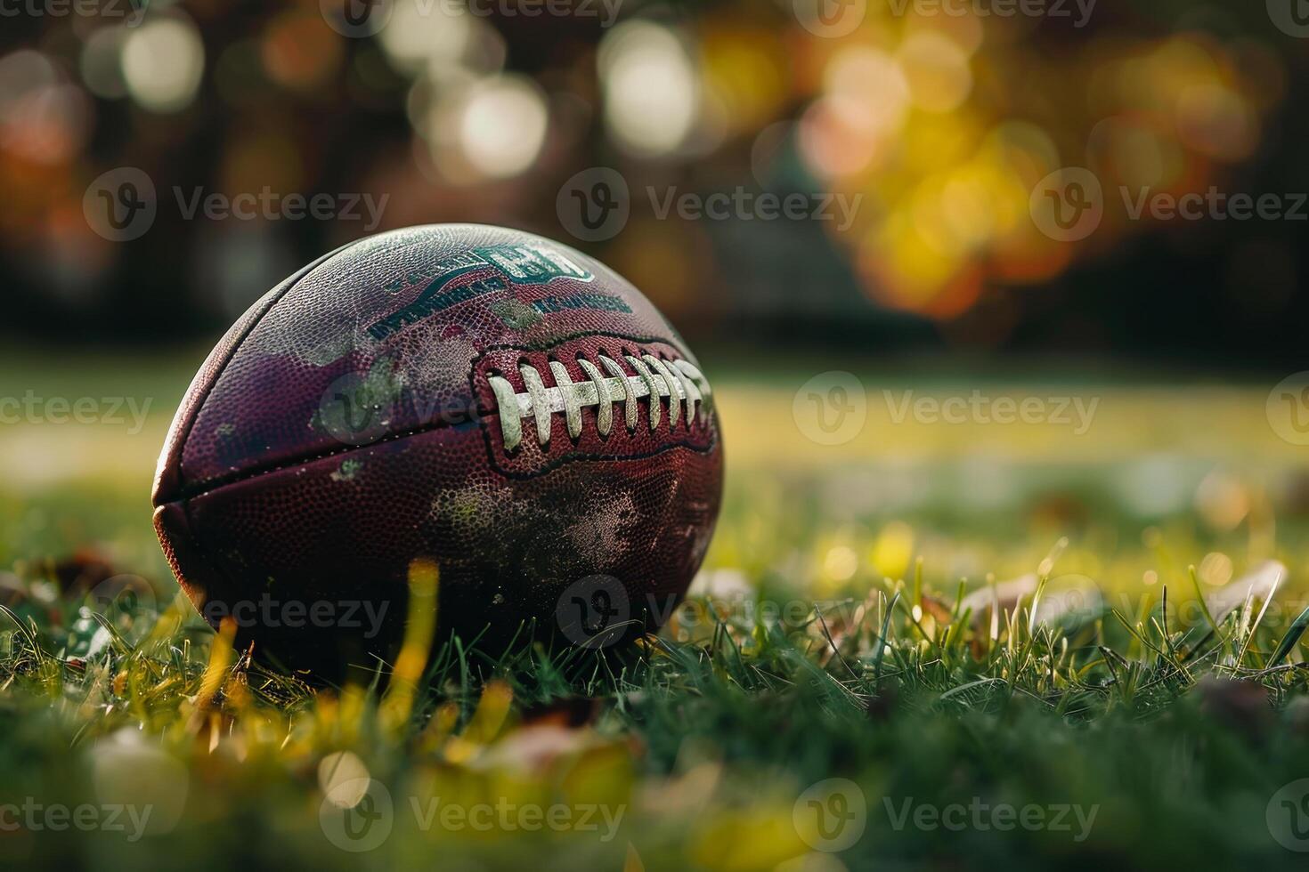 An old football is laying on the grass photo