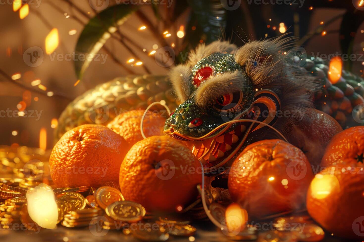 A dragon is laying on a table with oranges and gold coins photo