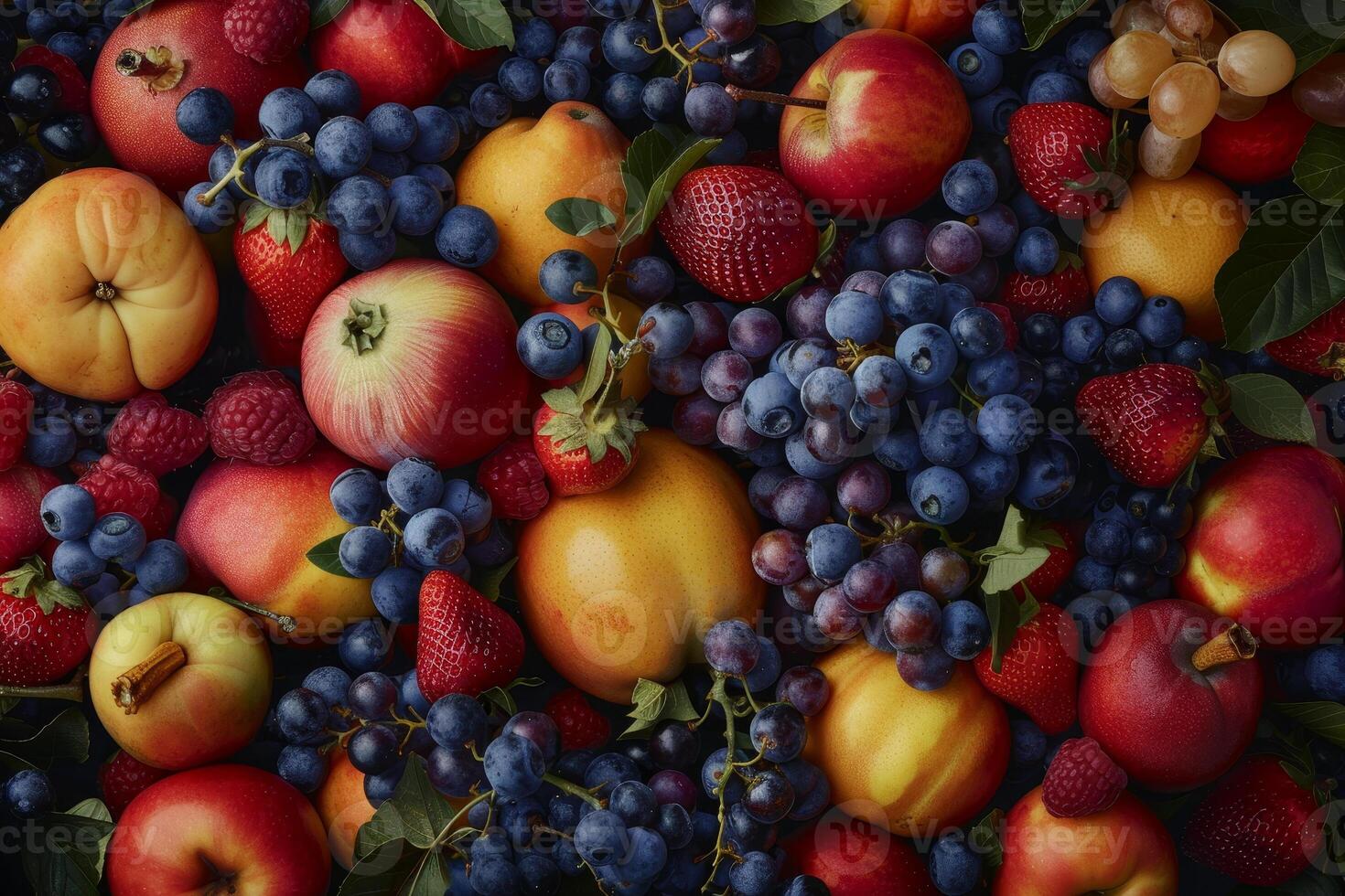 A close up of a variety of fruits including apples, grapes, and strawberries photo
