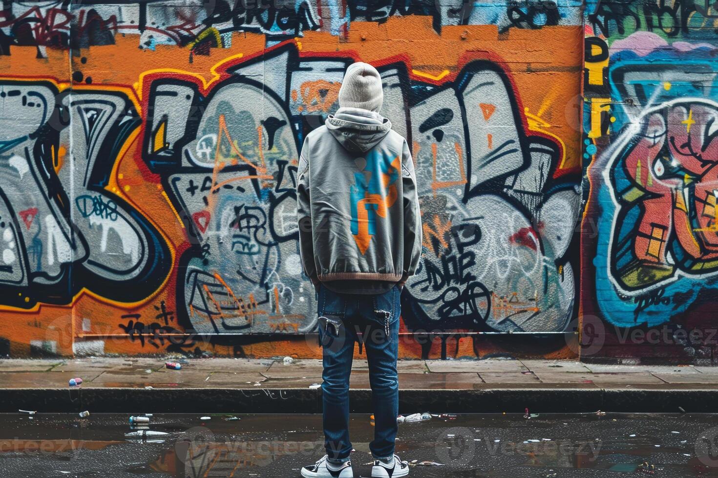 A man stands in front of a wall covered in graffiti photo