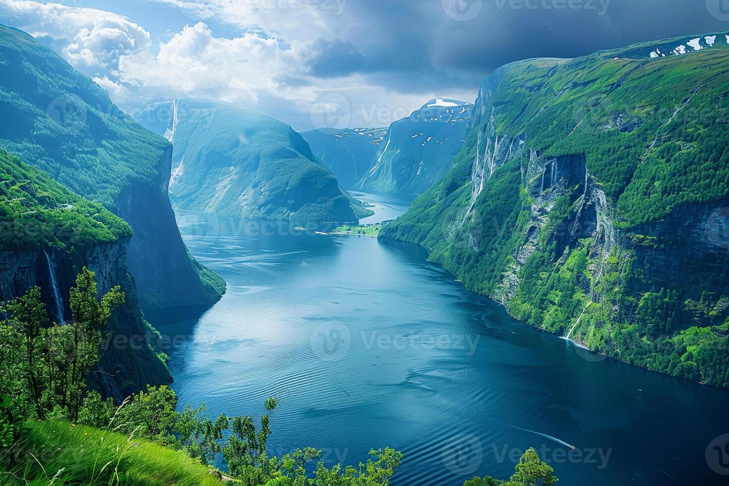 A beautiful view of a river in a valley photo
