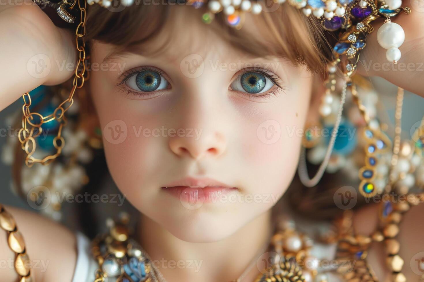 A young girl wearing a gold and blue headdress with many beads and pearls photo