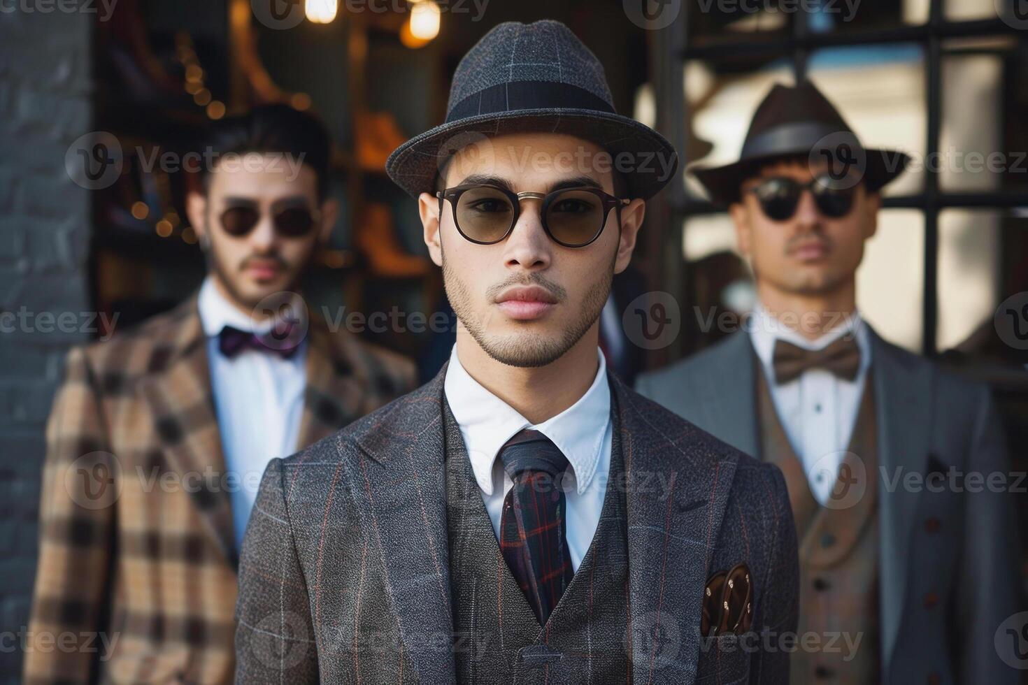 Three men in suits and hats standing in front of a store photo
