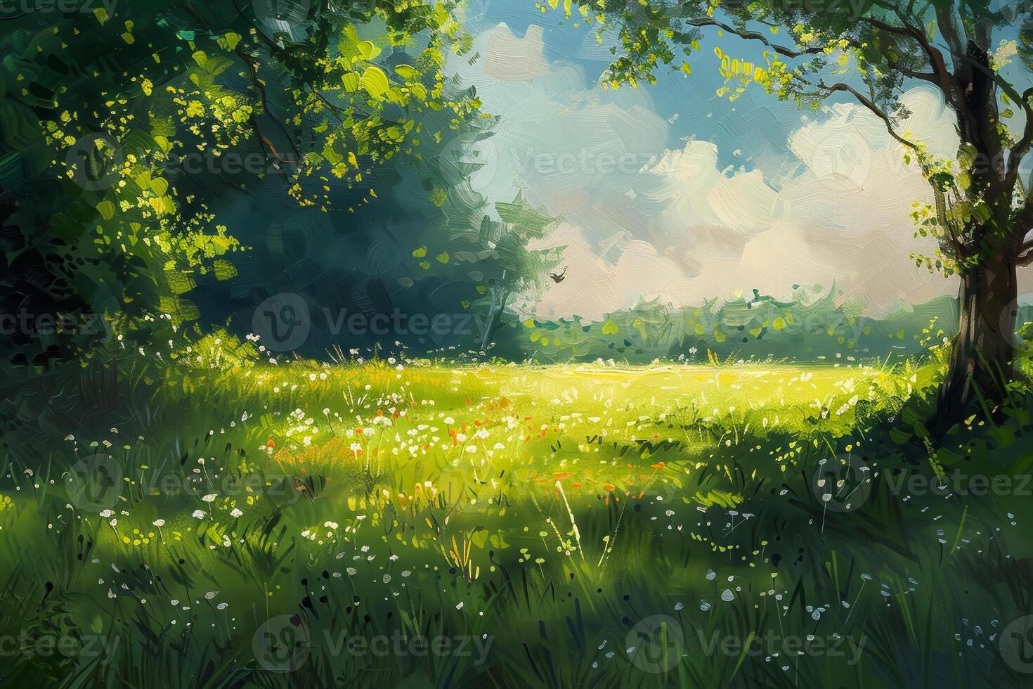 A painting of a field with a tree in the foreground photo