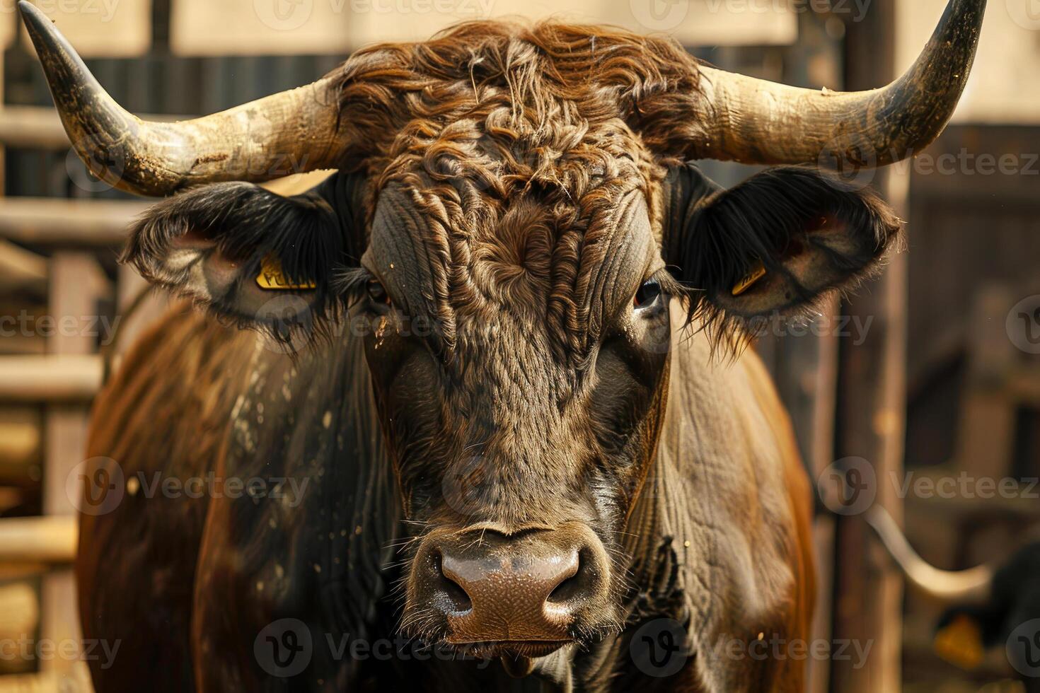 A bull with large horns is standing in a pen photo
