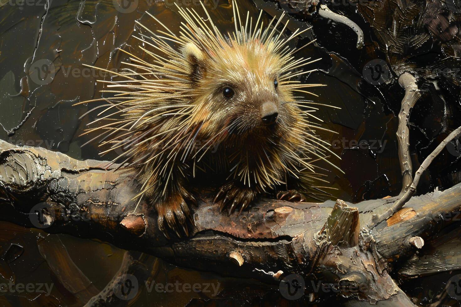 A small brown and white porcupine is sitting on a branch photo