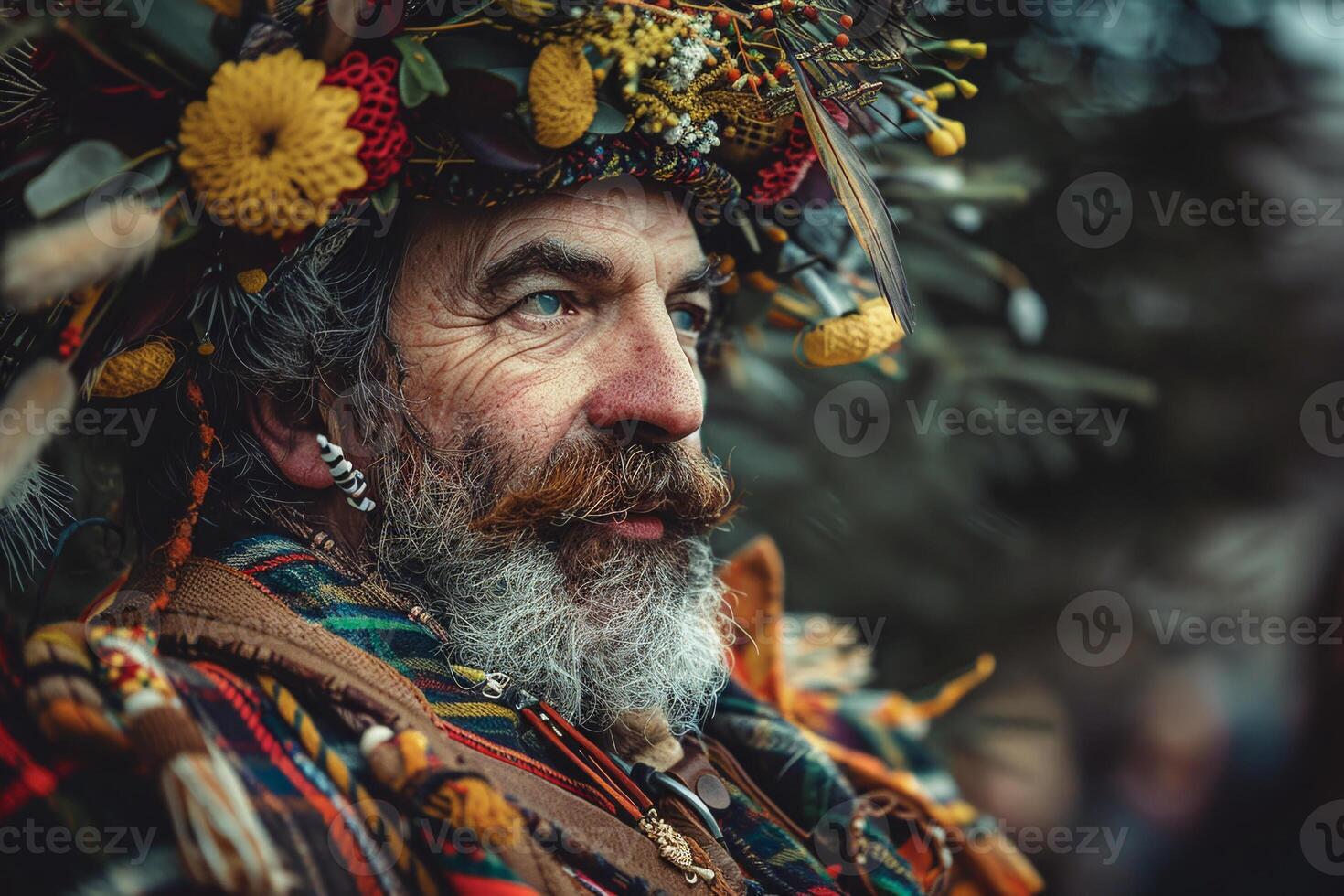 A man wearing a colorful hat and scarf with a beard and mustache photo